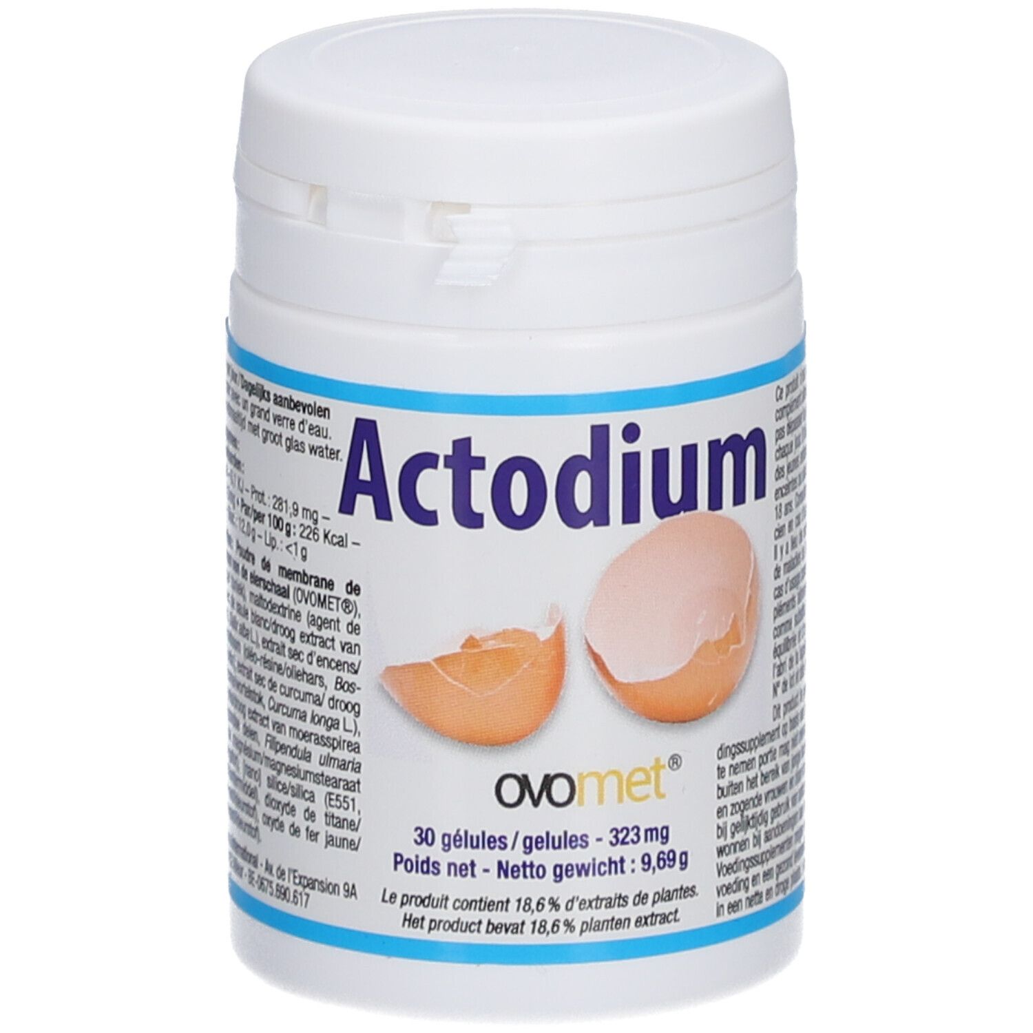 Weiße Dose mit Actodium-Aufdruck und Eierschalen-Illustration. Enthält 30 Kapseln. OVOmet-Logo.