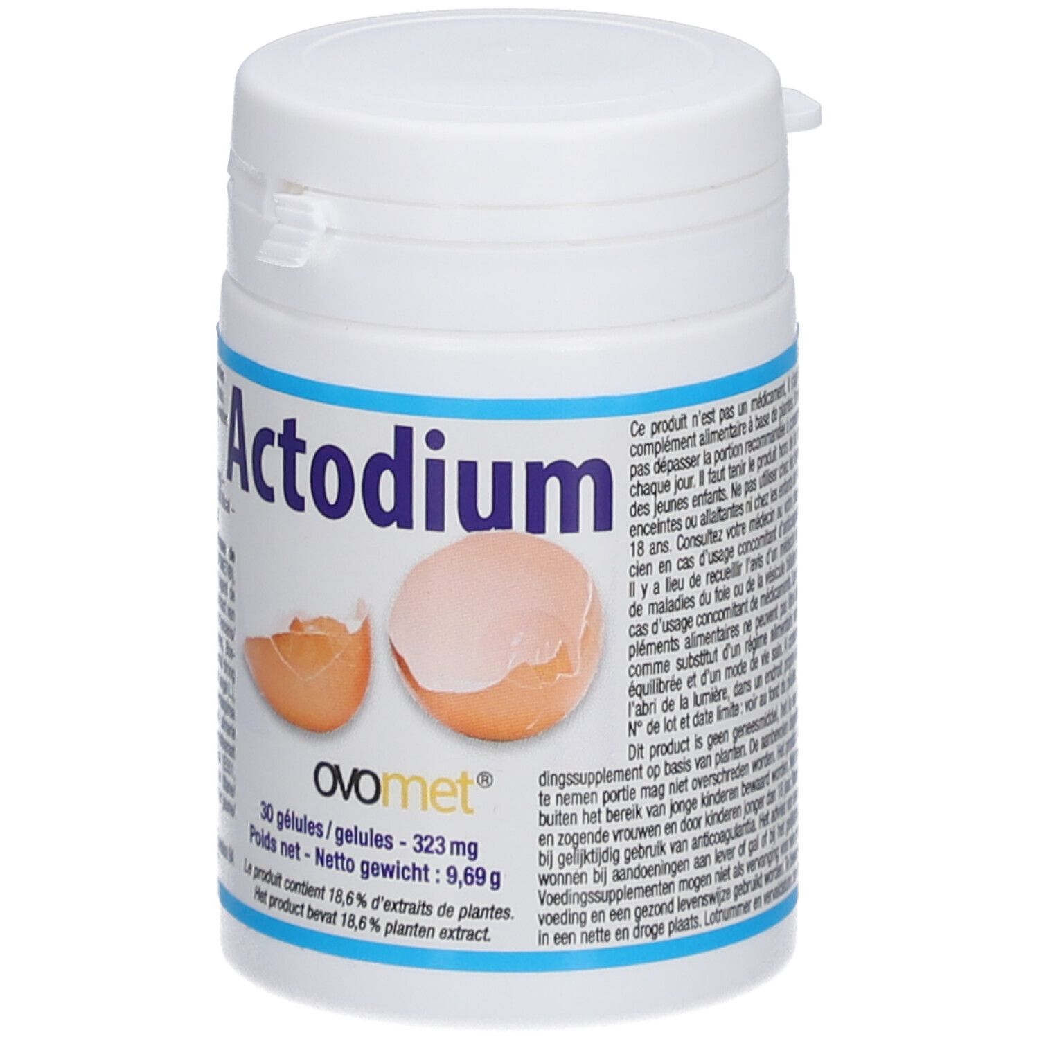 Weiße Dose mit Actodium-Aufdruck und Eierschalen-Illustration. Enthält 30 Kapseln. OVOmet-Logo.