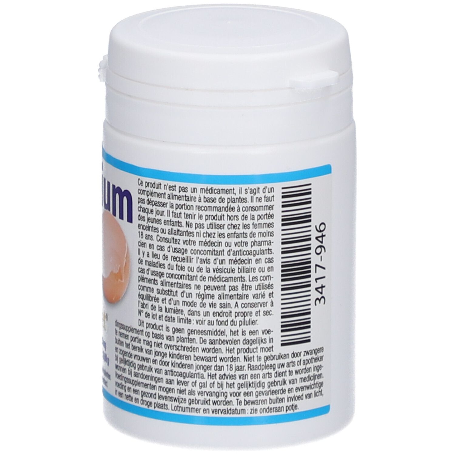 Weiße Dose, Rückseite mit Text und Barcode. PL770/51-Kennzeichnung.