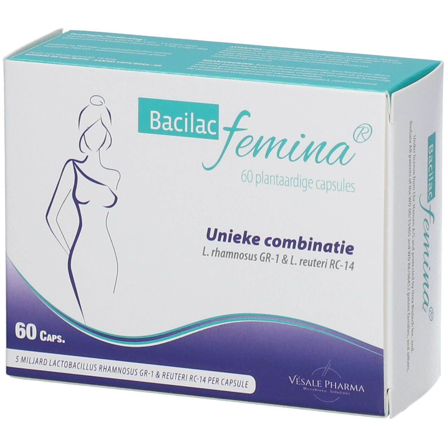 Boîte de Bacilac femina®. 60 capsules végétales. Contient une combinaison unique de L. rhamnosus GR-1 & L. reuteri RC-14.