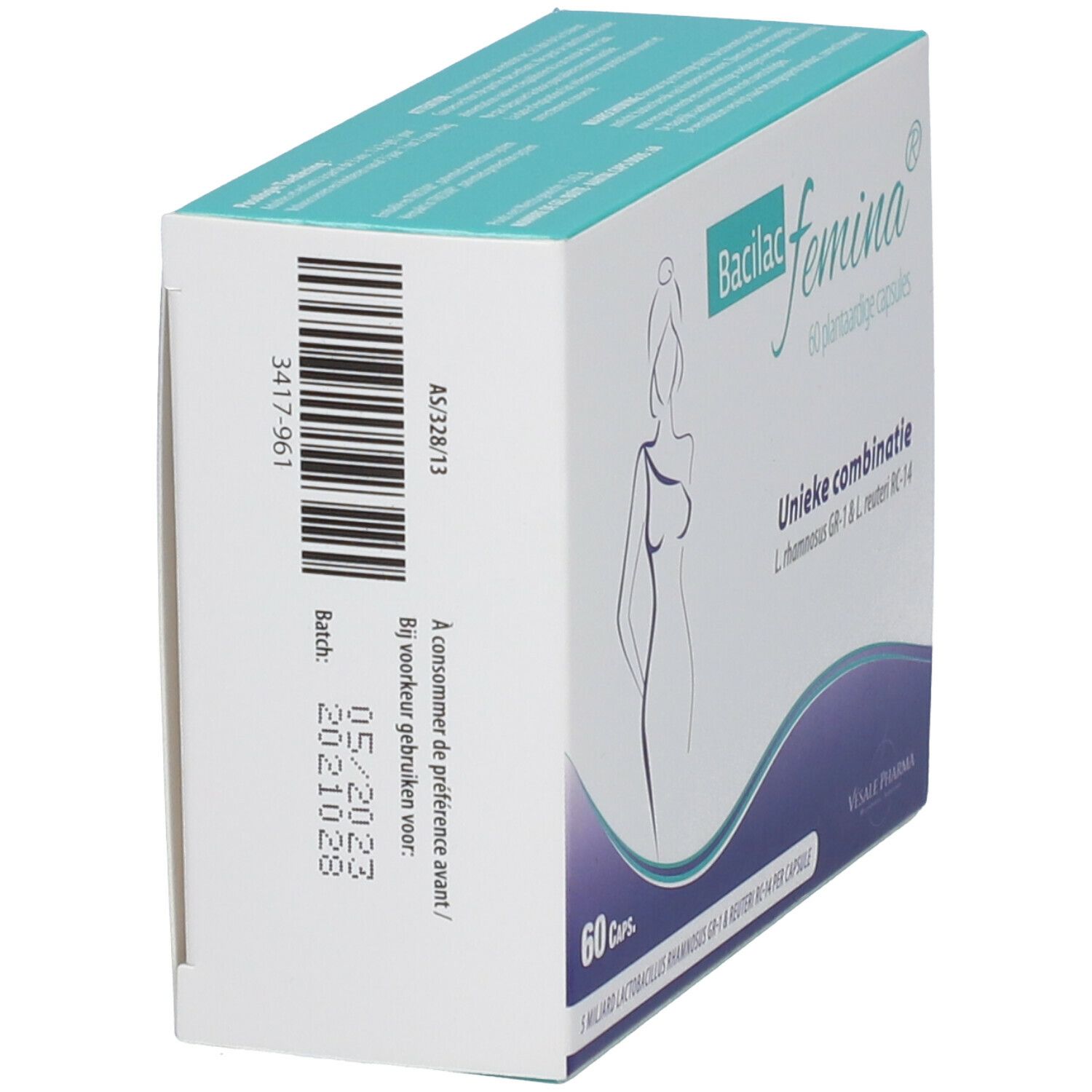 Dos de boîte Bacilac femina®. Numéro de lot et date de péremption. Contient 60 gélules.