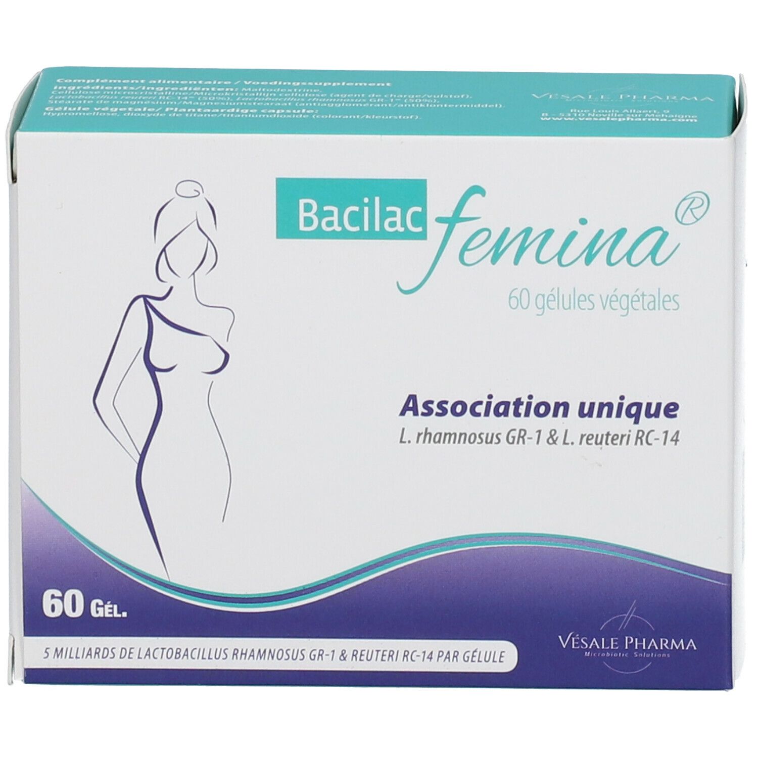 Boîte de Bacilac femina®. 60 gélules végétales. Association unique de L. rhamnosus GR-1 & L. reuteri RC-14.