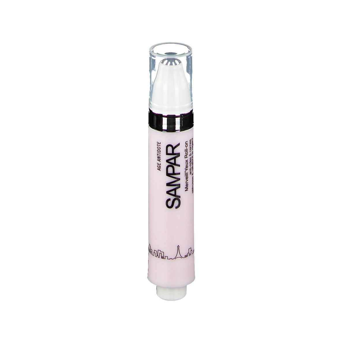 Roll-on rose avec applicateur blanc et capuchon transparent. Inscription SAMPAR et AGE ANTIDOTE.