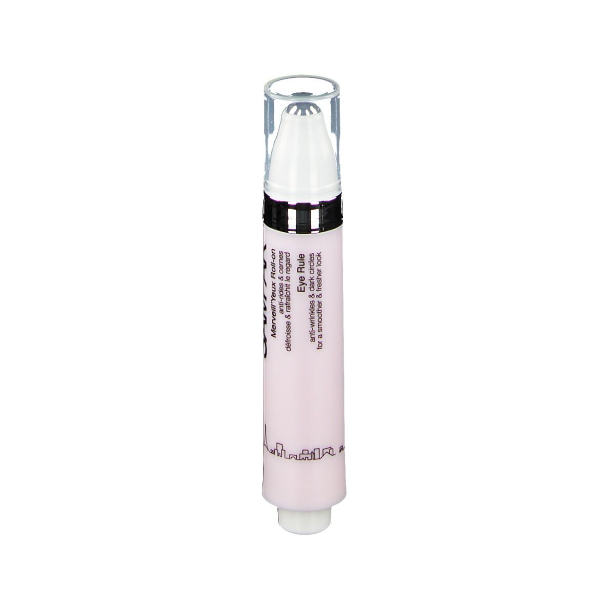 Roll-on rose avec applicateur blanc et capuchon transparent. Inscription SAMPAR et Eye Rule.