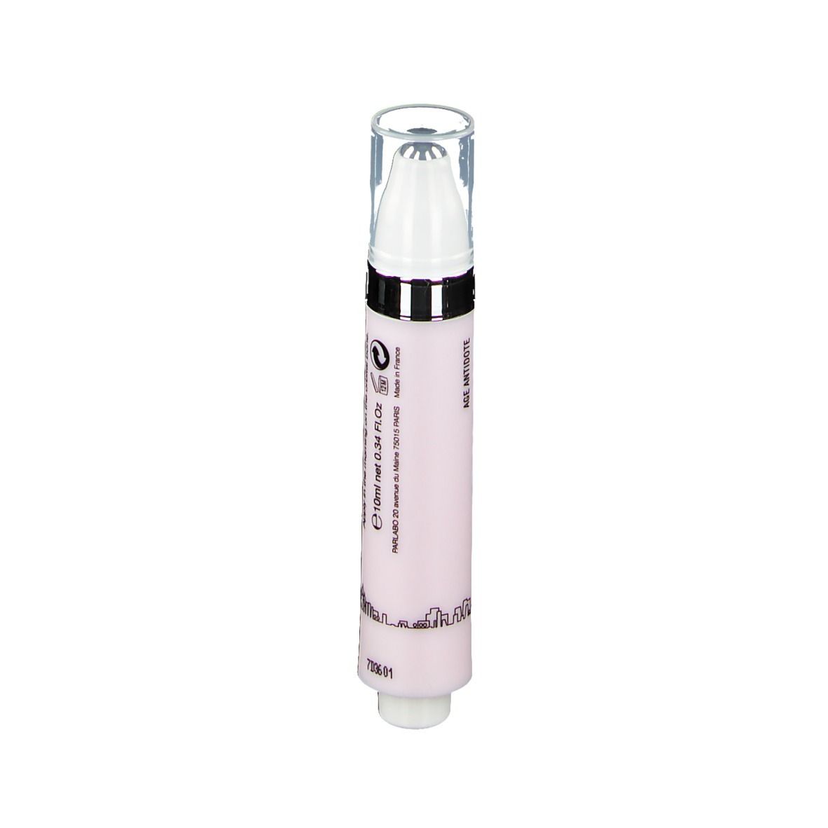 Roll-on rose avec applicateur blanc et capuchon transparent. Inscription SAMPAR et texte.