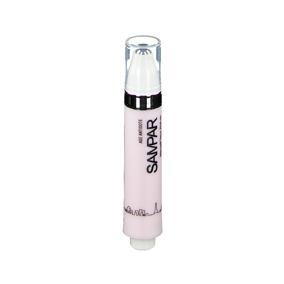Roll-on rose avec applicateur blanc et capuchon transparent. Inscription SAMPAR et AGE ANTIDOTE.