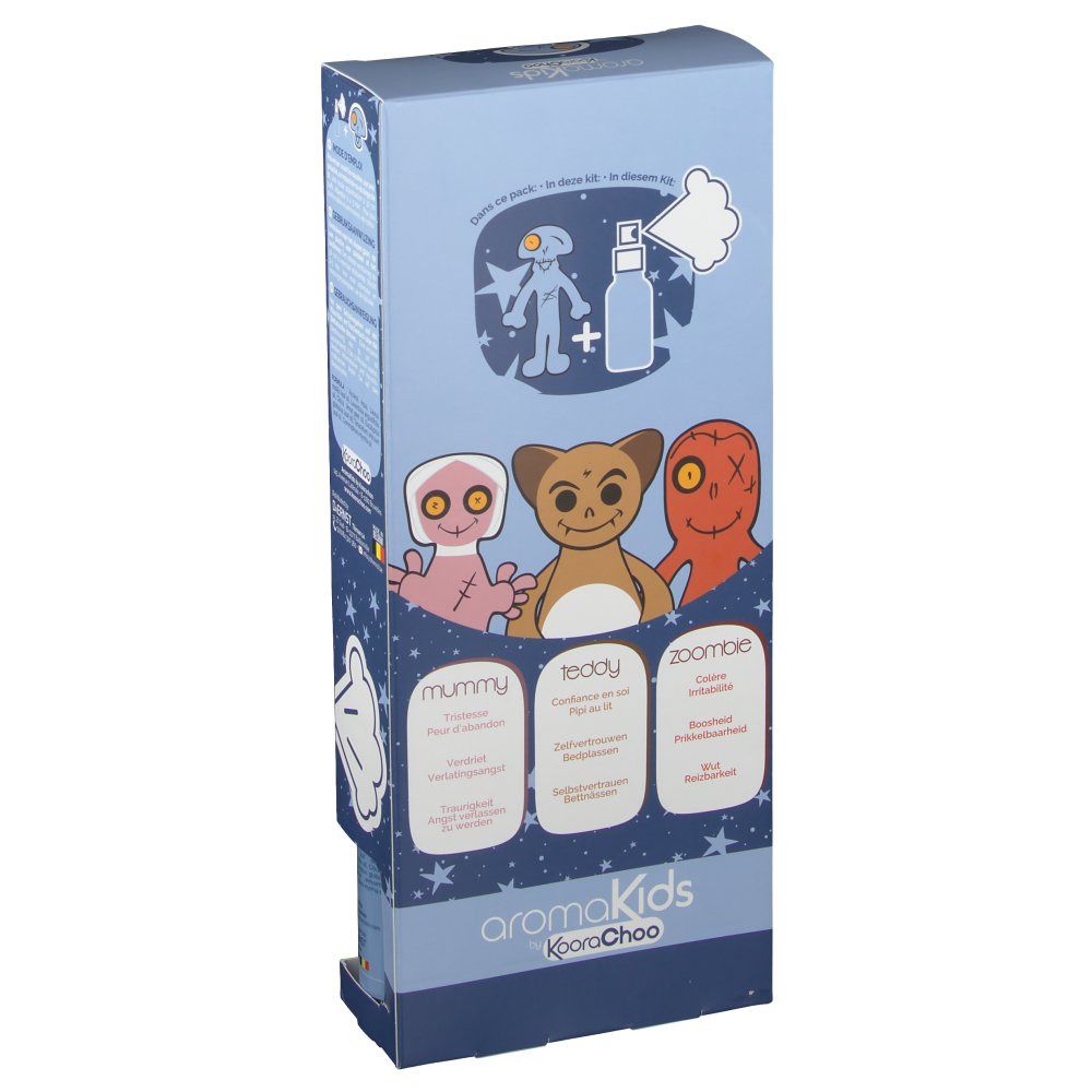 Emballage du produit avec trois peluches différentes. Marque et nom du produit visibles. Textes multilingues.