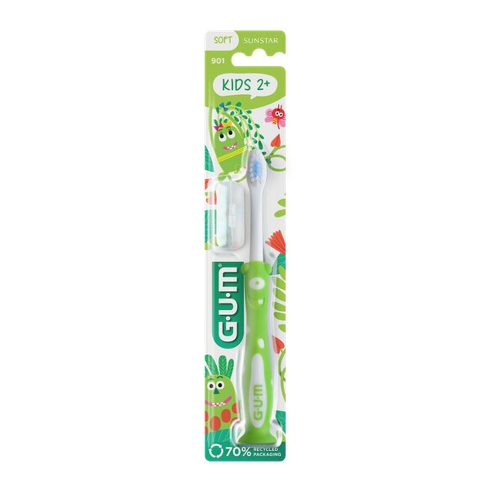 Brosse à dents G.U.M Kids verte, emballée. Design monstre, recommandée pour 2+. Soies souples.