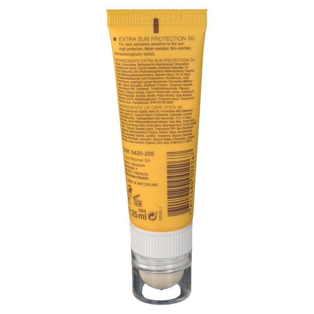 Dos du tube jaune Louis Widmer Extra Sonnenschutz SPF50. Texte: ingrédients, 25 ml, code-barres, origine.