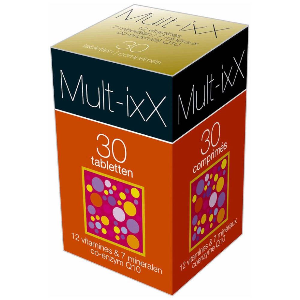 Karton mit Mult-ixx. Aufschrift: 30 Tabletten, 12 Vitamine & 7 Mineralien, Co-Enzym Q10. Mehrfarbige Kreise.