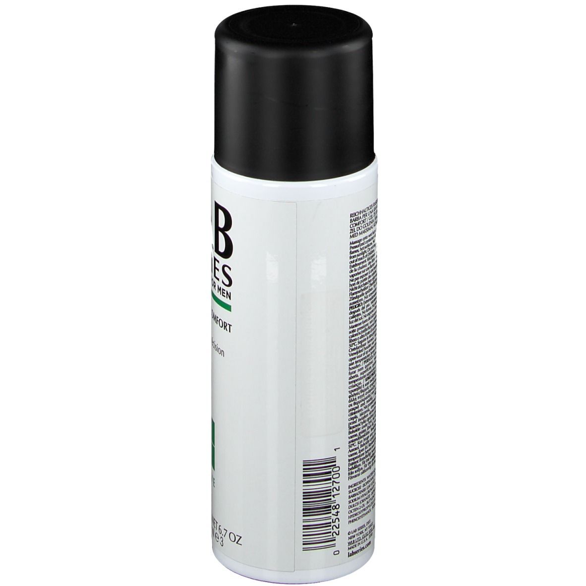 Zylindrische Dose, seitliche Ansicht. Schwarzer Deckel. Aufschrift: LAB SERIES, Maximum Comfort Shave Gel. Barcode.