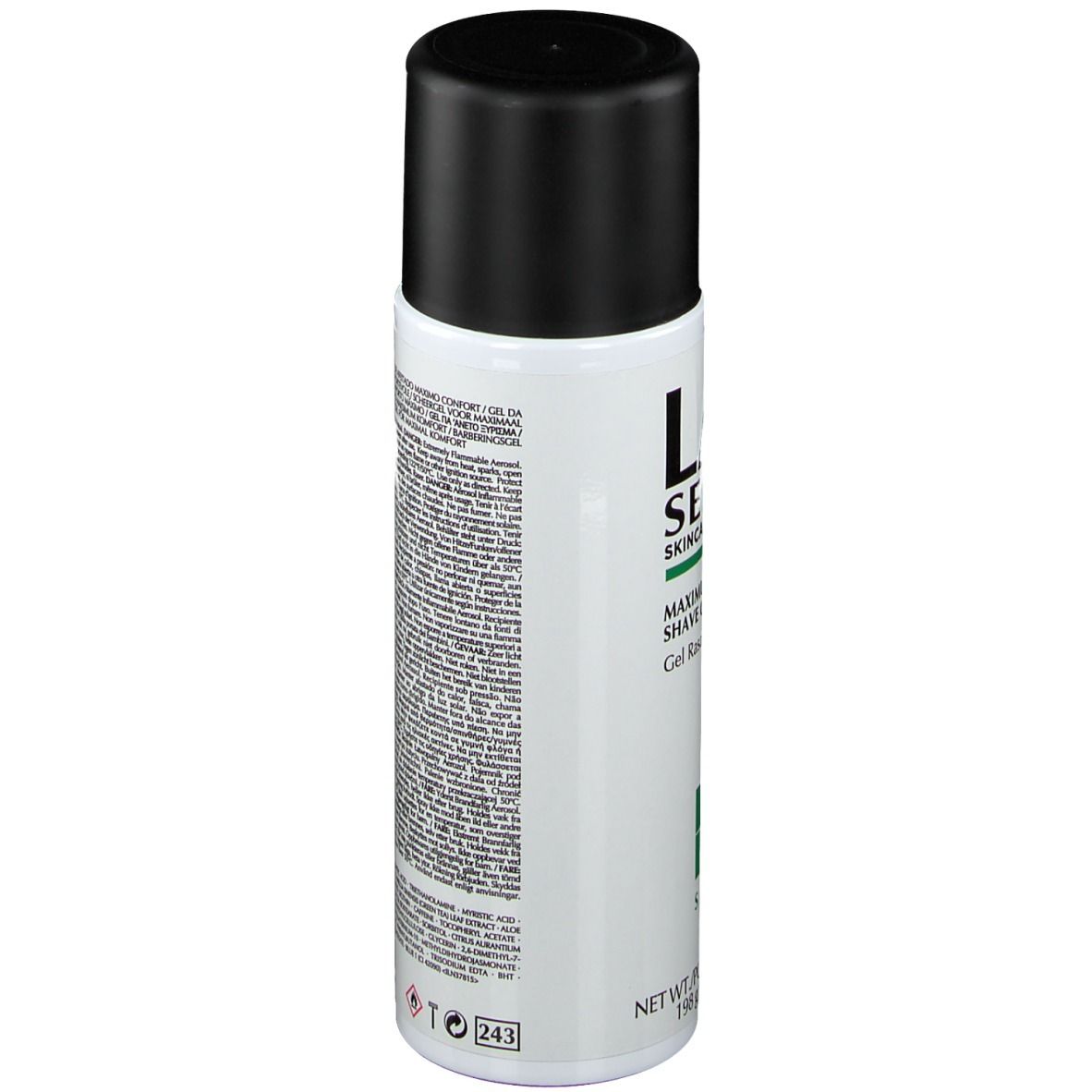 Zylindrische Dose, Rückseite. Schwarzer Deckel. Text in mehreren Sprachen. Warnhinweise und Inhaltsstoffe.