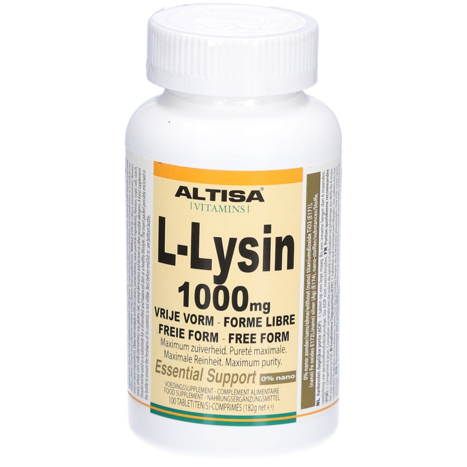 Weiße Flasche mit gelb-orangem Etikett. Aufschrift: Altisa L-Lysin 1000mg. Enthält 100 Tabletten.
