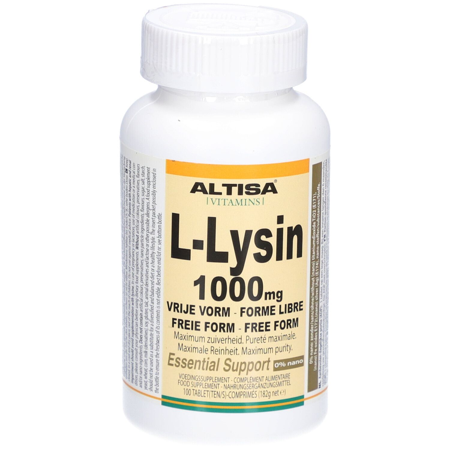 Weiße Flasche mit gelb-orangem Etikett. Aufschrift: Altisa L-Lysin 1000mg. Enthält 100 Tabletten.
