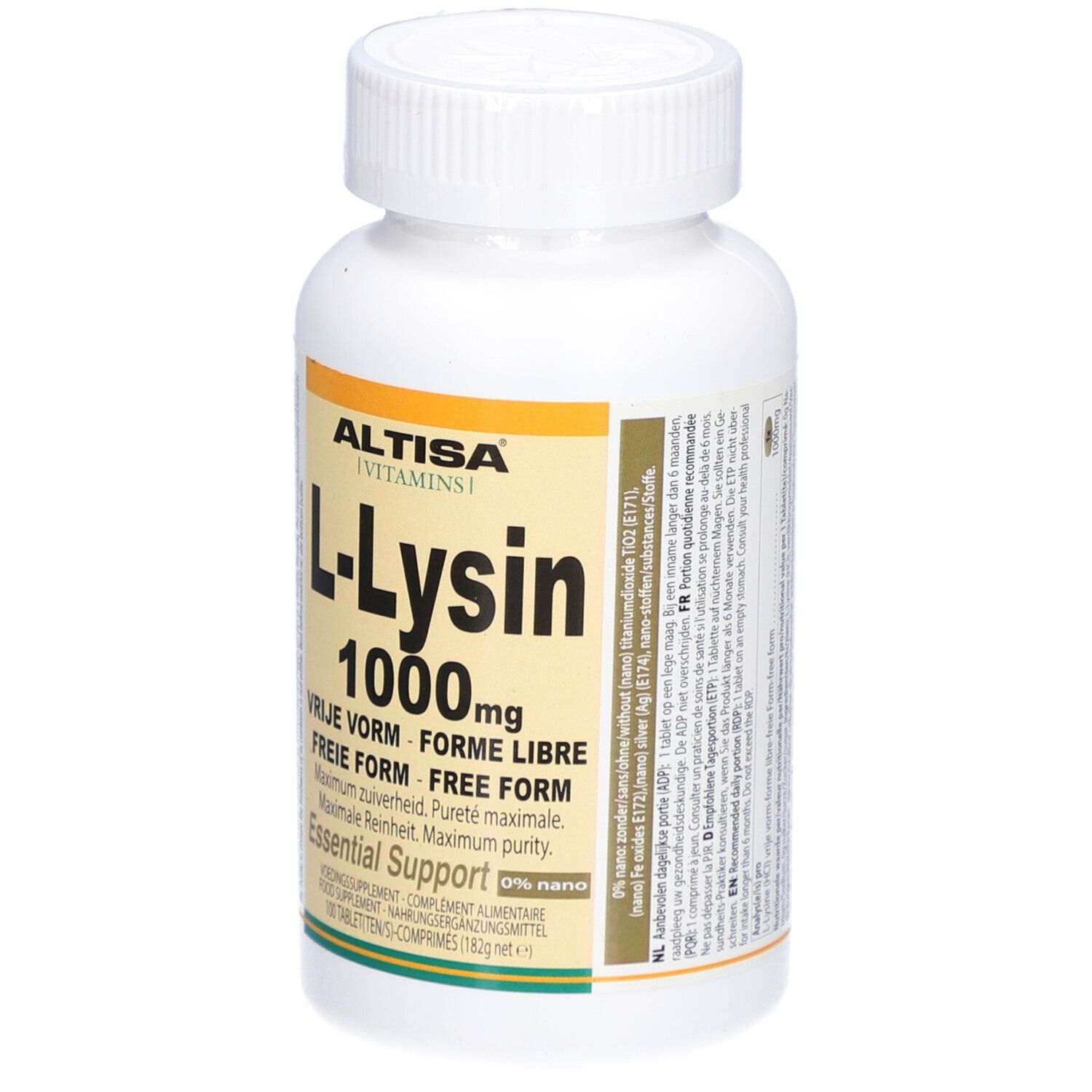 Weiße Flasche mit gelb-orangem Etikett. Aufschrift: Altisa L-Lysin 1000mg. Enthält 100 Tabletten.