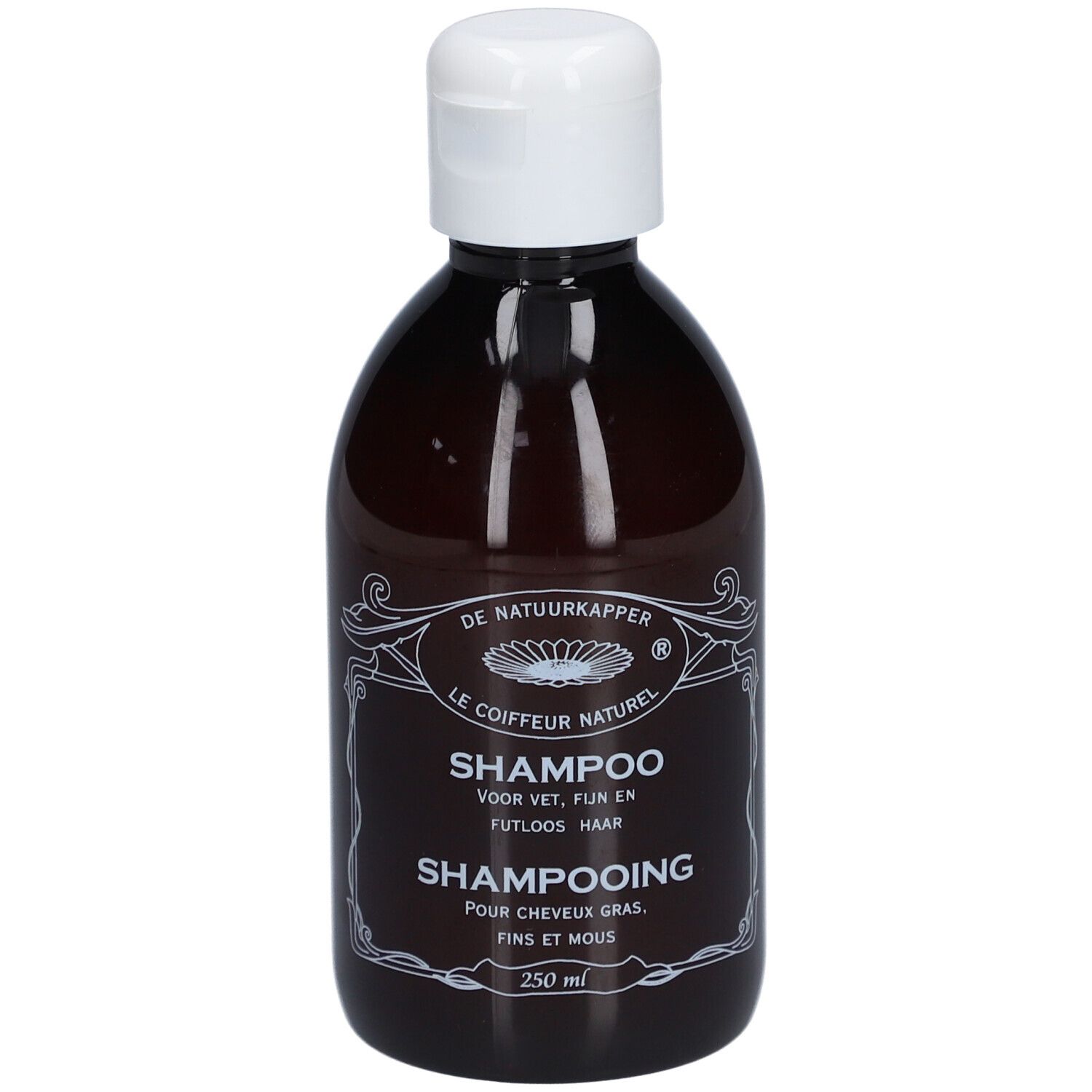 Braune Shampoo-Flasche mit weißem Deckel. Aufschrift: Shampoo für fettiges, feines Haar. Marke: De Natuurkapper.