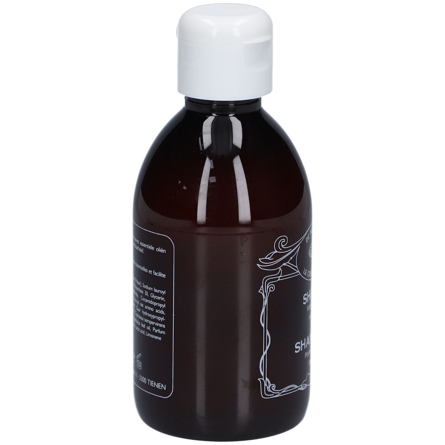 Rückseite einer braunen Shampoo-Flasche mit weißem Deckel. Text mit Inhaltsstoffen und Anwendungshinweisen.