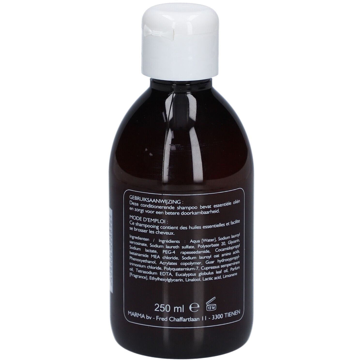 Rückseite einer braunen Shampoo-Flasche mit weißem Deckel. Text mit Inhaltsstoffen und Anwendungshinweisen.