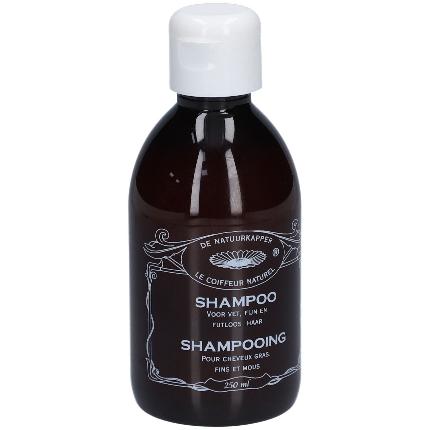 Braune Shampoo-Flasche mit weißem Deckel. Aufschrift: Shampoo für fettiges, feines Haar. Marke: De Natuurkapper.