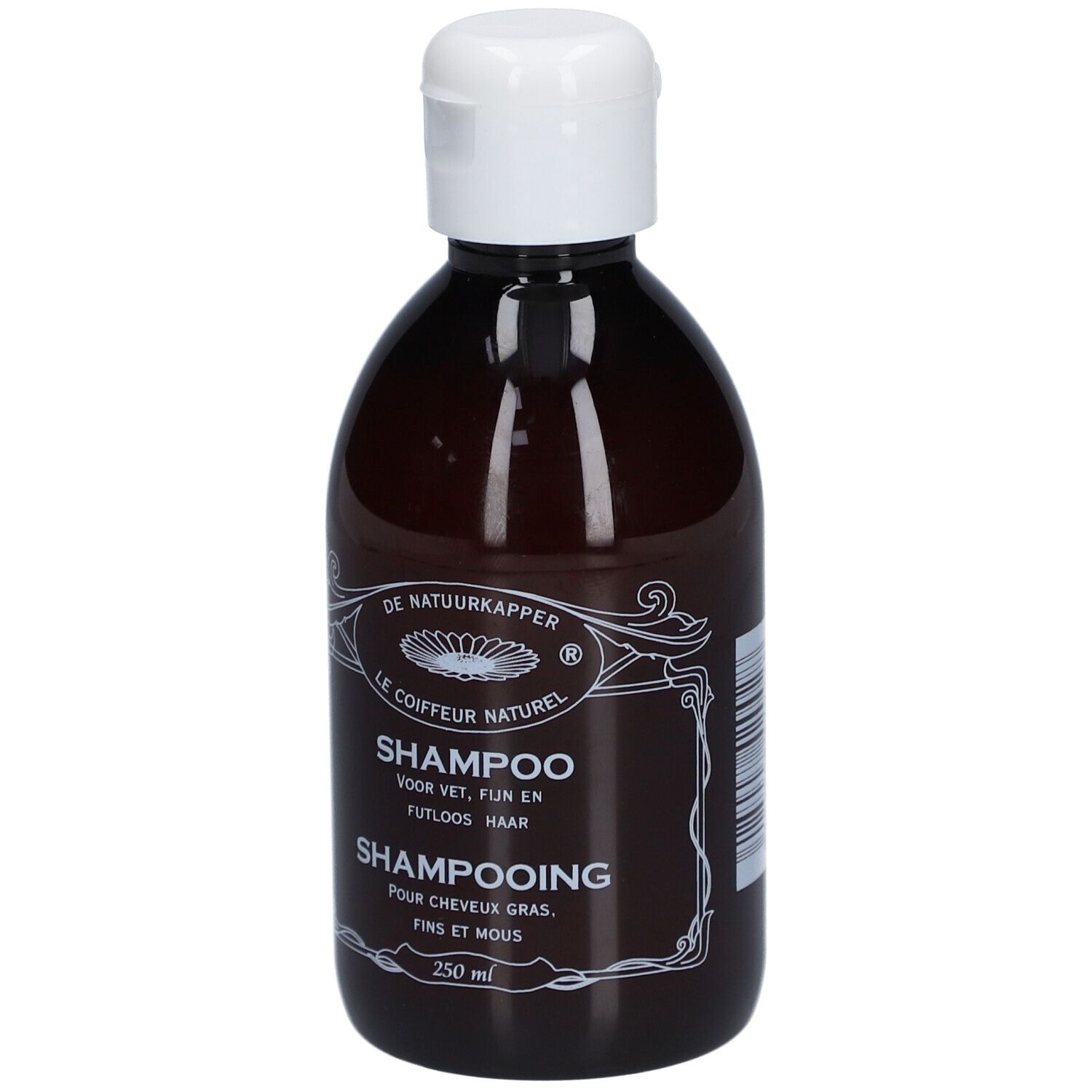 Braune Shampoo-Flasche mit weißem Deckel. Aufschrift: Shampoo für fettiges, feines Haar. Marke: De Natuurkapper.