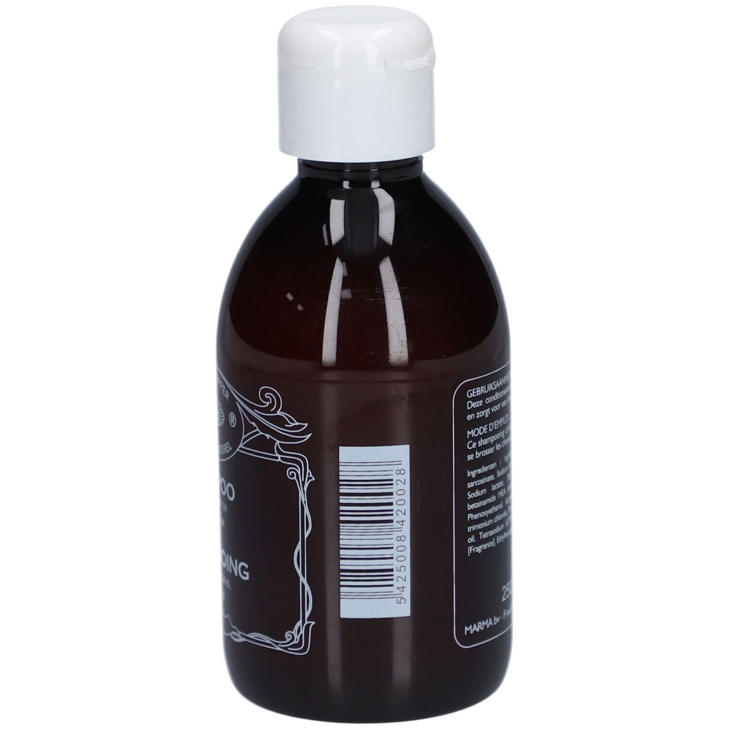 Rückseite einer braunen Shampoo-Flasche mit weißem Deckel. Barcode und Text.