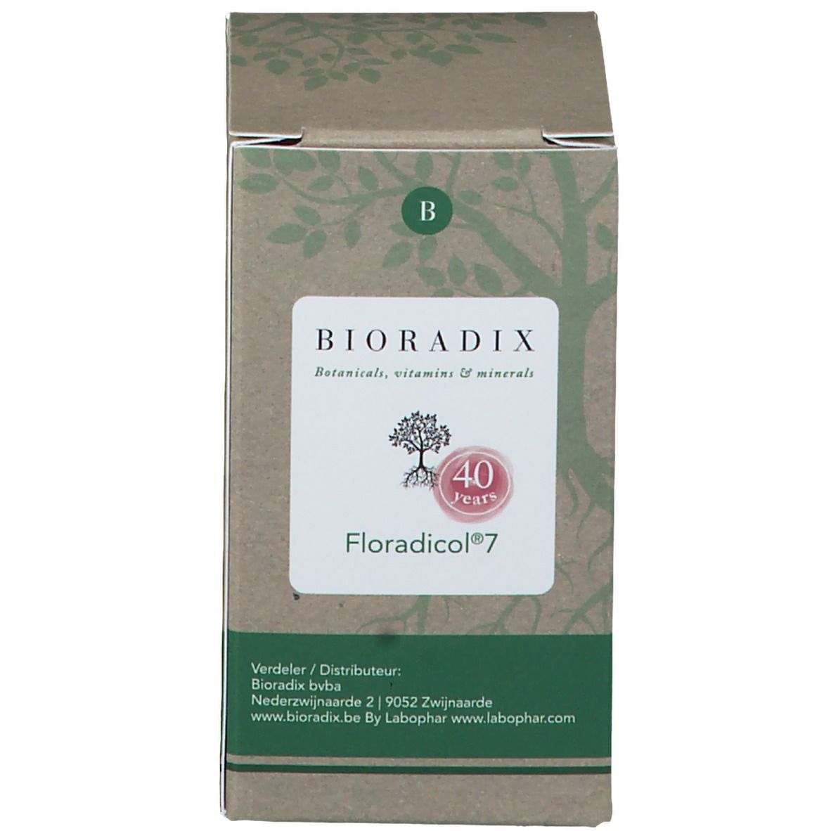 Boîte marron avec inscription : Bioradix, Floradicol 7. Contient un logo de 40 ans. Décor de feuilles. Informations fabricant.