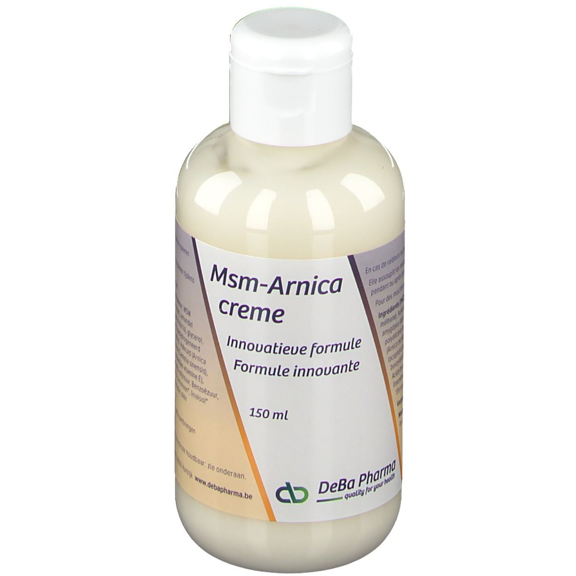 Creme-Flasche mit weißem Deckel. Aufschrift: Msm-Arnica creme, 150 ml. DeBa Pharma Logo.