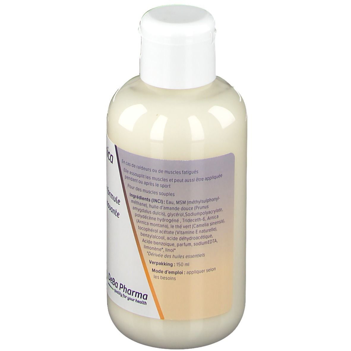 Rückseite der Creme-Flasche. Text: Inhaltsstoffe, Anwendungshinweise. DeBa Pharma Logo.