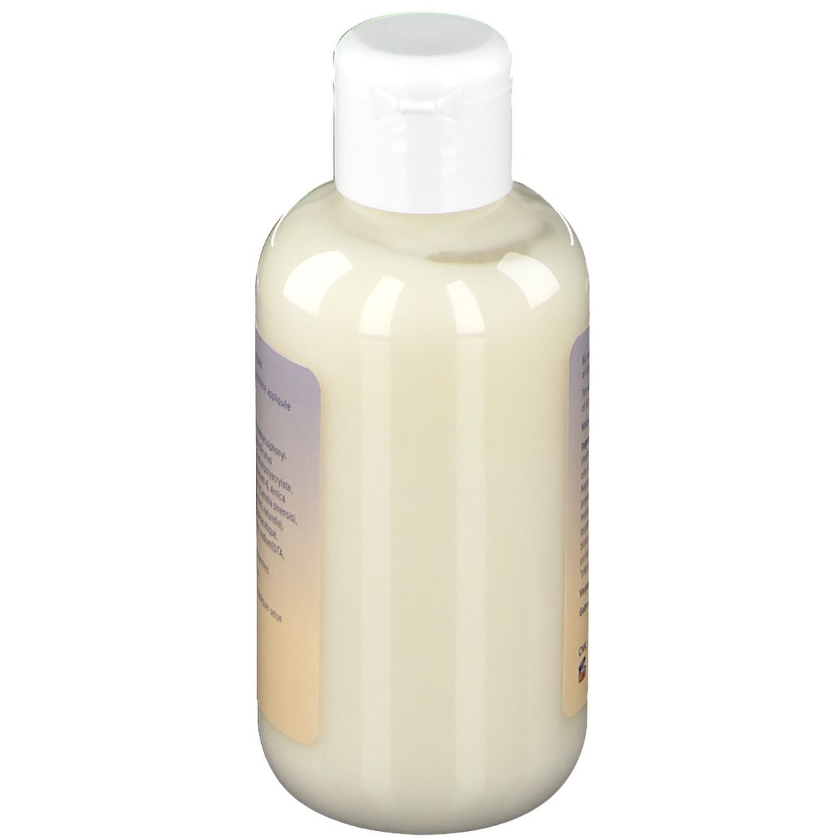 Creme-Flasche, Seitenansicht. Weißer Deckel, cremefarbene Flüssigkeit. Etikett mit Text.