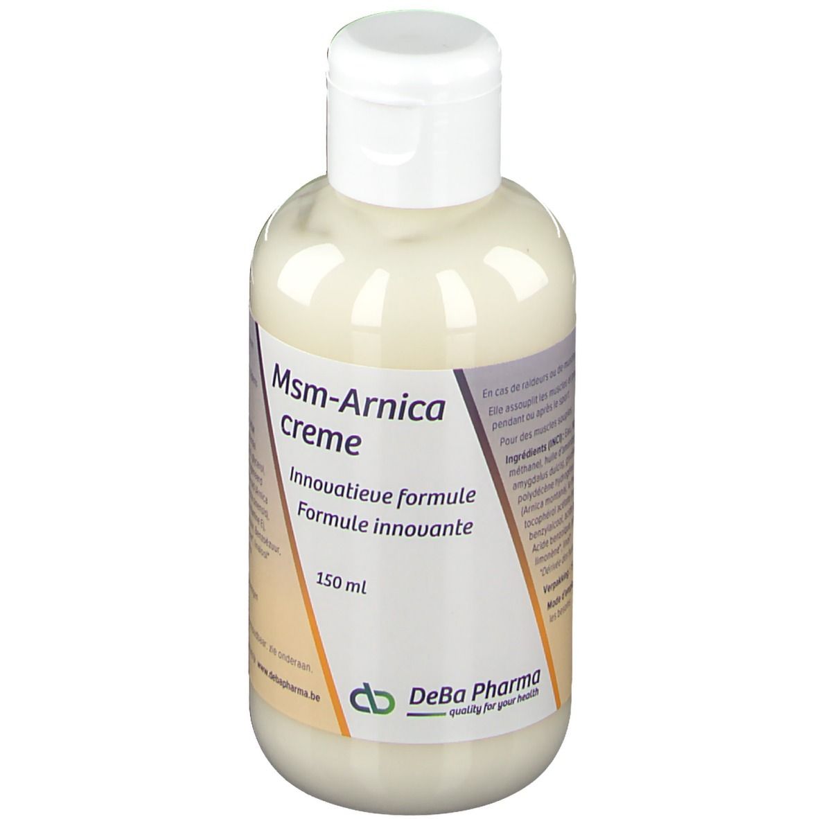 Creme-Flasche mit weißem Deckel. Aufschrift: Msm-Arnica creme, 150 ml. DeBa Pharma Logo.