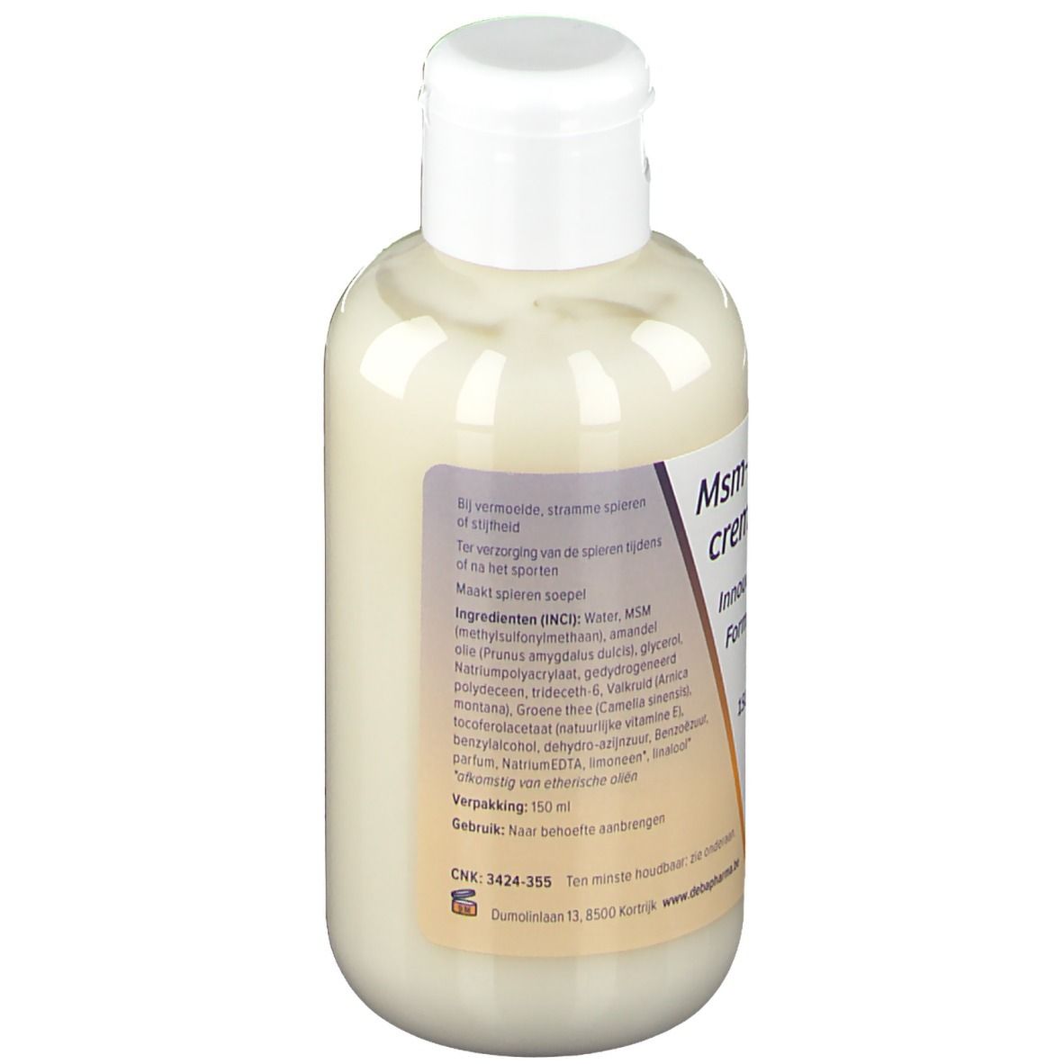 Rückseite der Creme-Flasche. Text: Inhaltsstoffe, Anwendungshinweise. DeBa Pharma Logo.