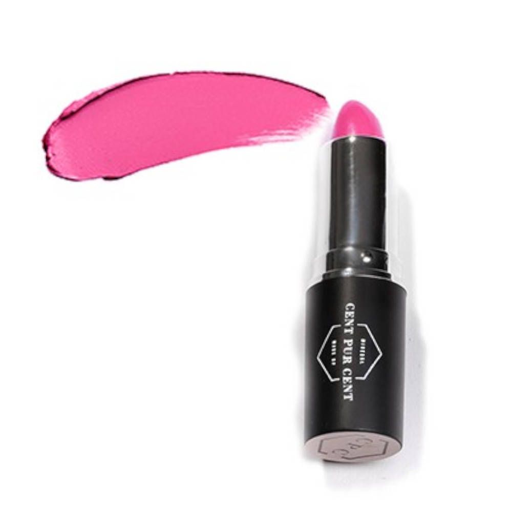 Pinkfarbener Lippenstift mit schwarzem Gehäuse und einem Farbabstrich. Auf dem Gehäuse steht "CENT PUR CENT".