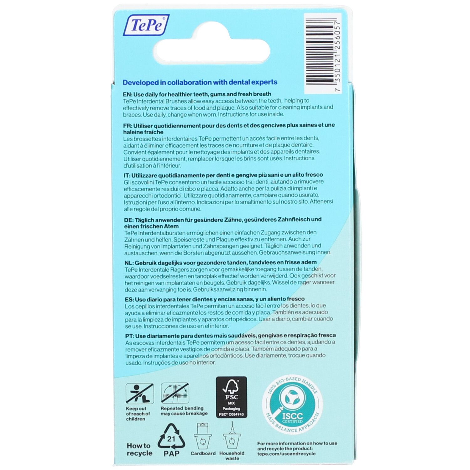 Dos de l'emballage avec texte multilingue. Certification FSC et symbole de recyclage visibles.