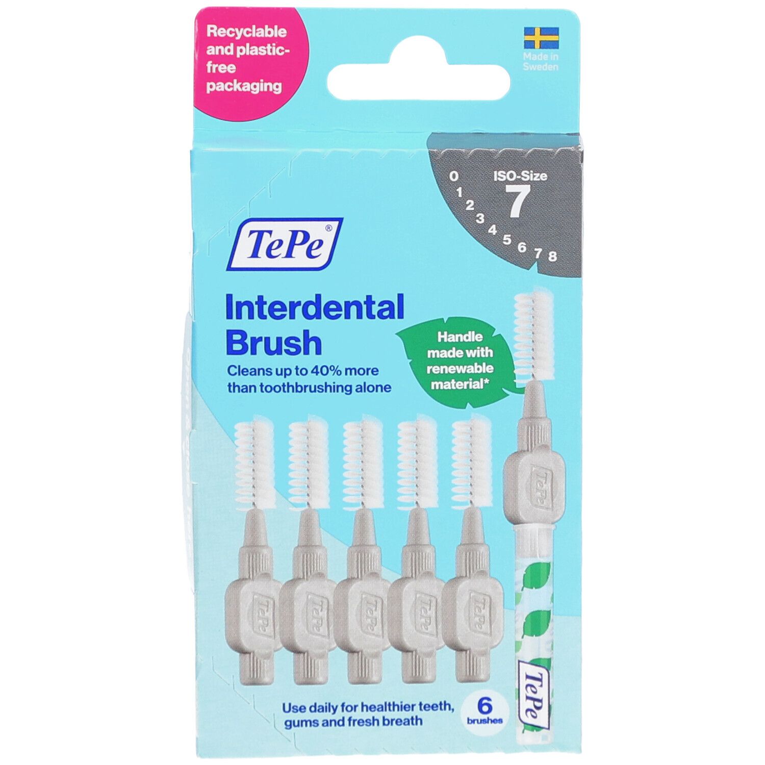 TePe Interdental Brush, taille 7. 6 brosses dans une boîte. Emballage recyclable et sans plastique. Manche en matériau renouvelable.