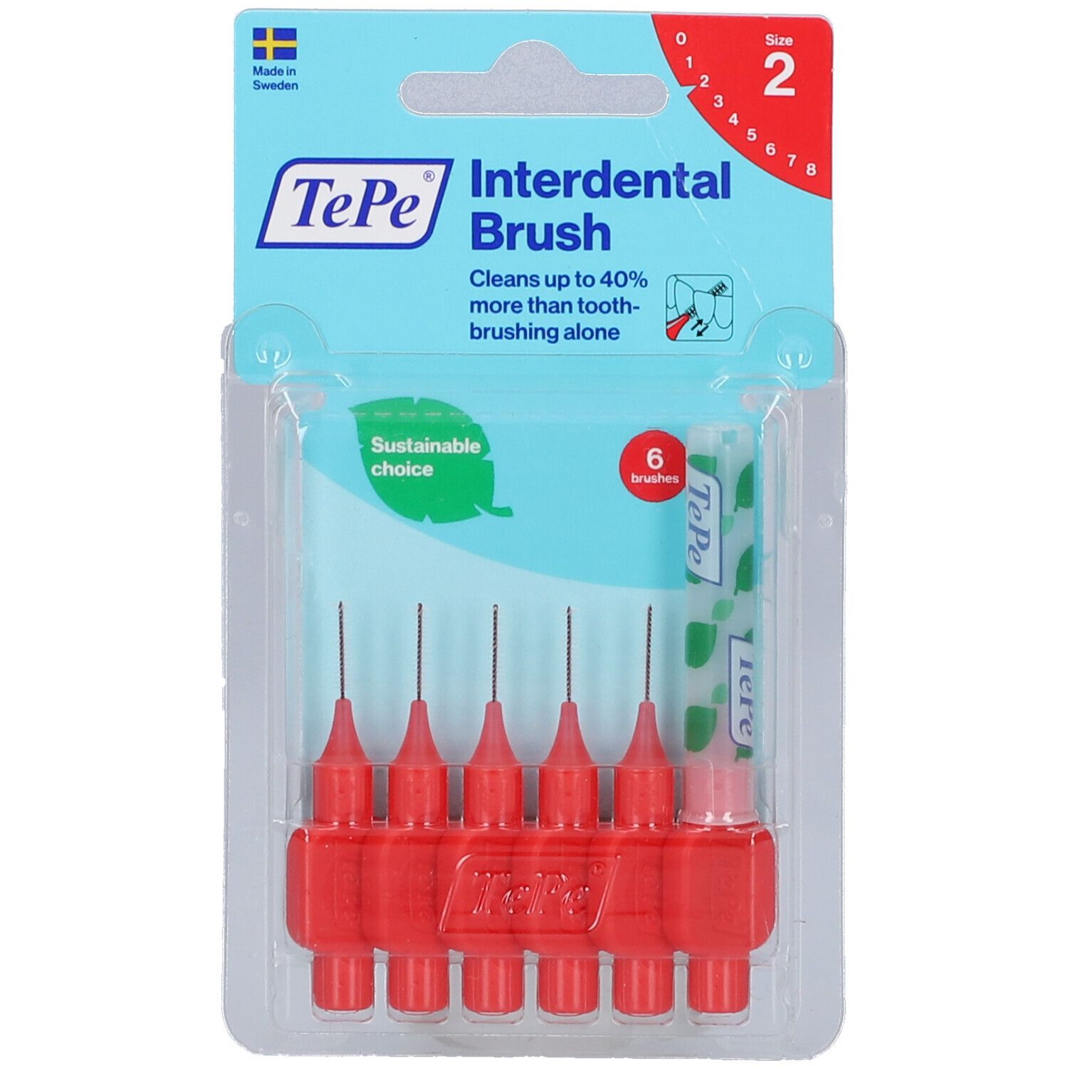 Packung mit roten Interdentalbürsten. Sechs Stück, Größe 2. Marke TePe. "Interdental Brush" steht auf der Verpackung.