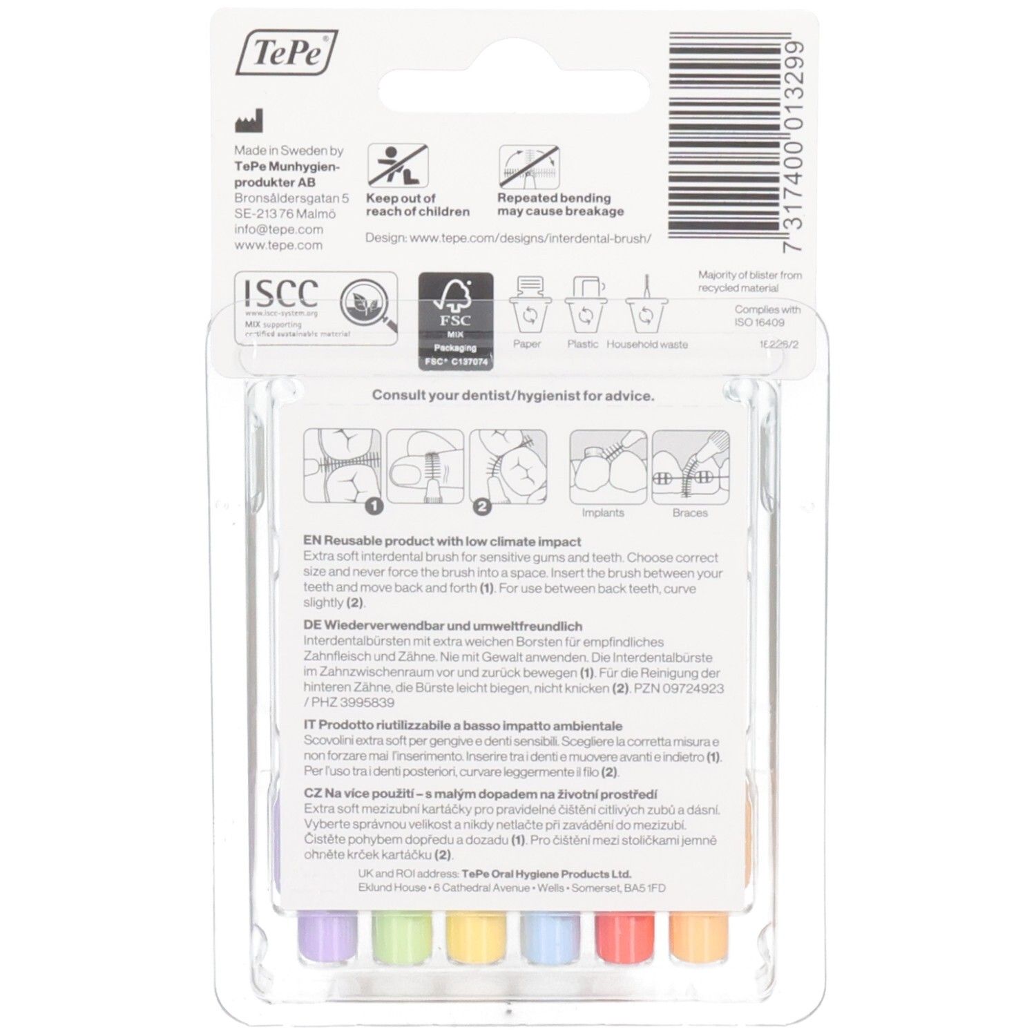 Packung mit 6 Interdentalbürsten. Verschiedene Farben, extra weich. Marke TePe. Nachhaltige Wahl.