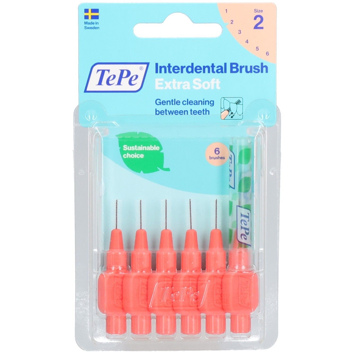 Emballage de six brossettes interdentaires rouges. Marque TePe, extra souple. Logo Choix durable.