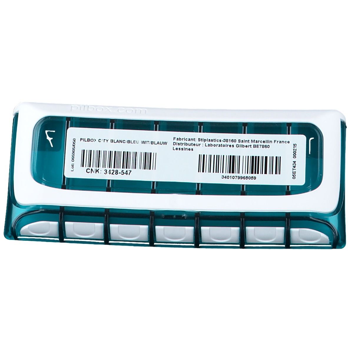 Verpackung eines weißen und blauen PILBOX City Pillenbehälters mit Etikett.