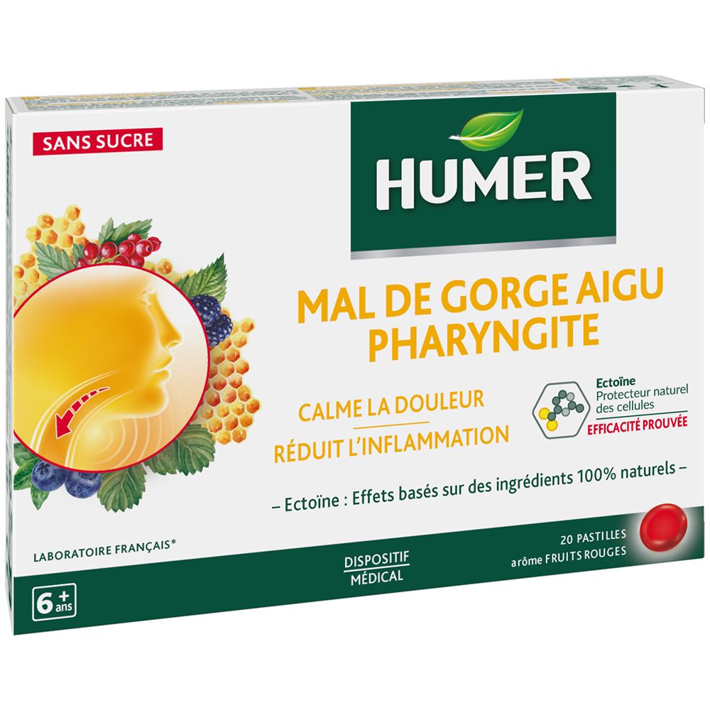 Boîte de HUMER Pharyngite. Inscription: Mal de Gorge Aigu Pharyngite. Contient 20 pastilles. Arôme fruits rouges. Sans sucre.
