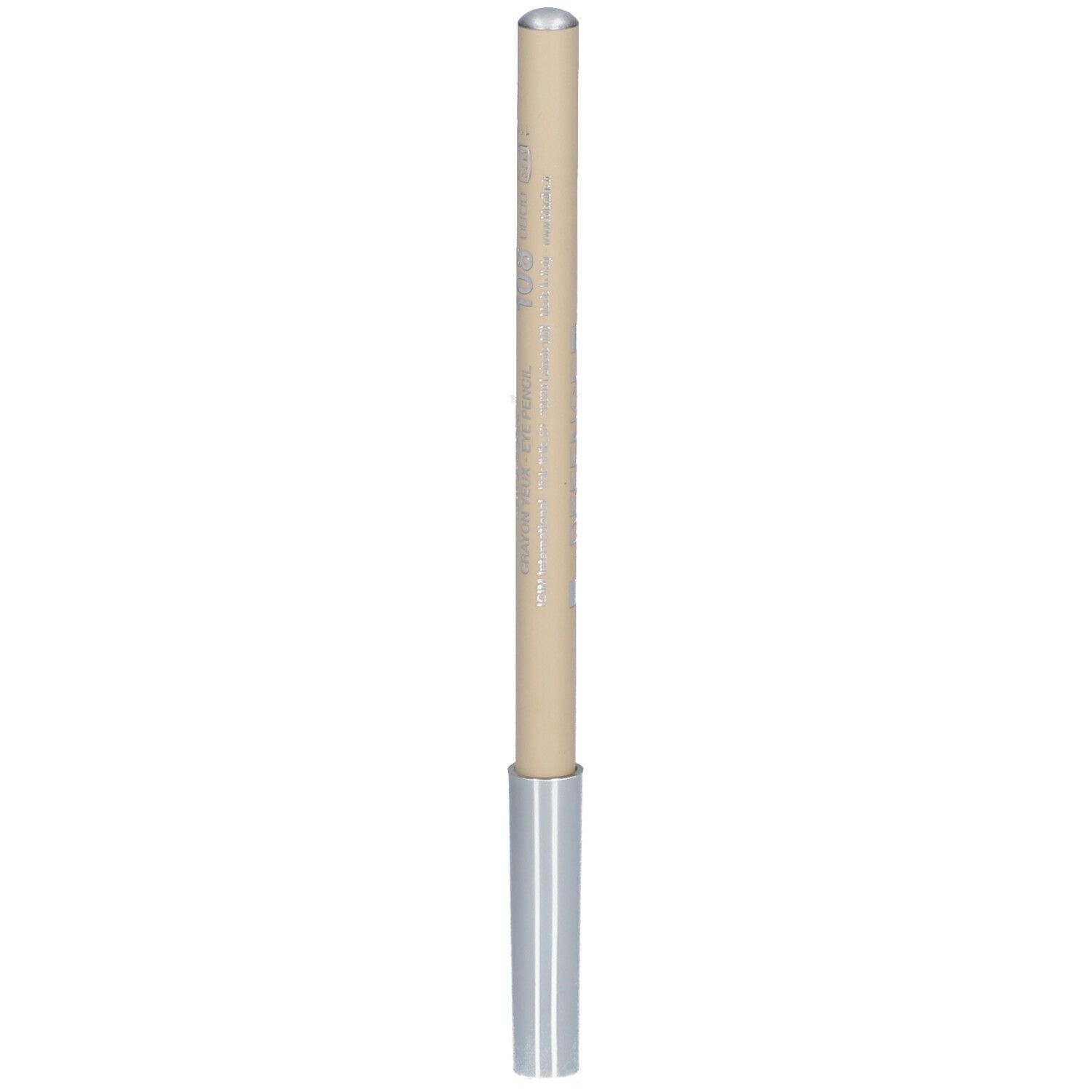Beigefarbener Augenstift mit silbernen Akzenten. Spitze und unteres Ende silbern. Schriftzug auf dem Stift.