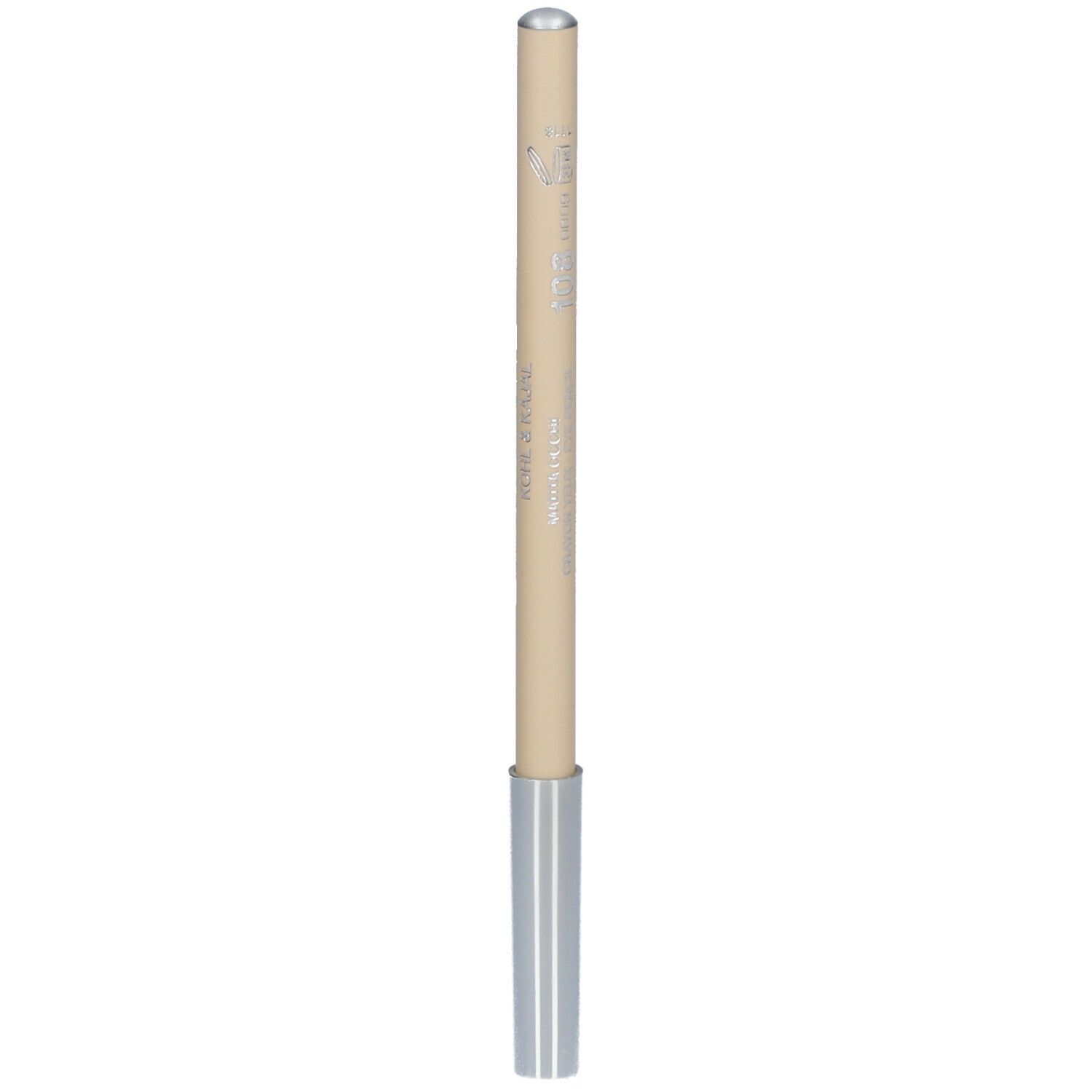 Beigefarbener Augenstift mit silbernen Akzenten. Spitze und unteres Ende silbern. Schriftzug auf dem Stift.