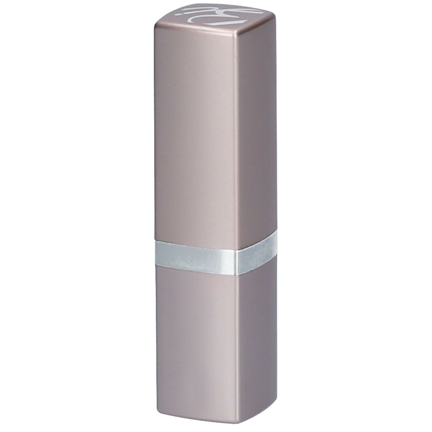 Rouge à lèvres dans un étui rectangulaire. Anneau argenté au milieu. Logo en haut.