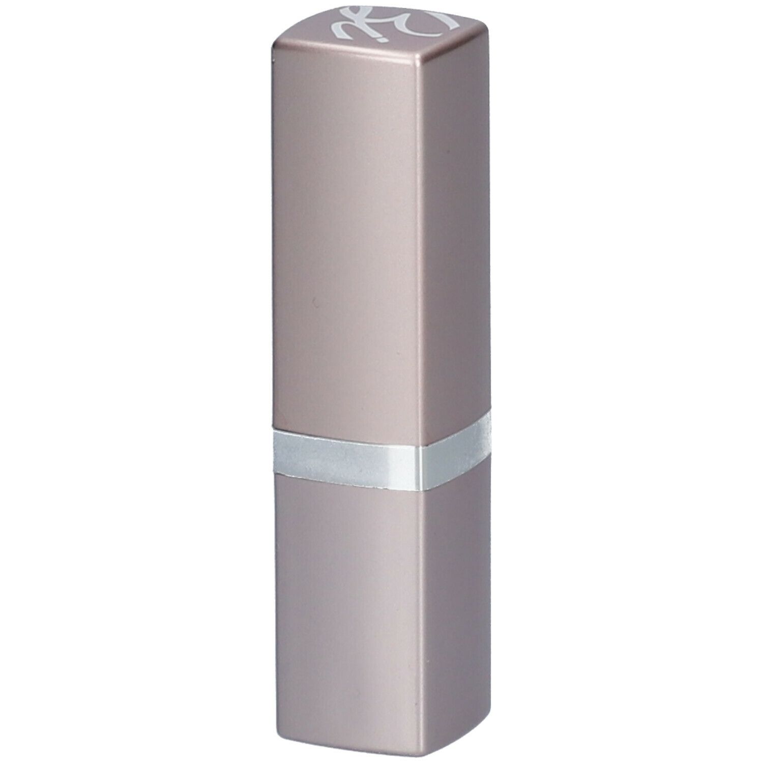 Rouge à lèvres dans un étui rectangulaire. Anneau argenté au milieu. Logo en haut.