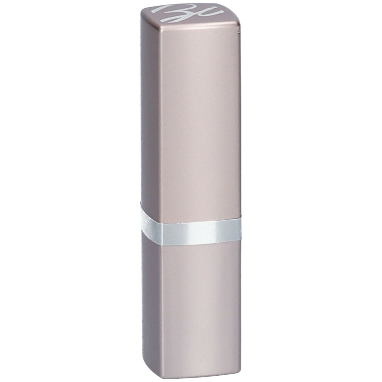 Rouge à lèvres dans un étui rectangulaire. Anneau argenté au milieu. Logo en haut.