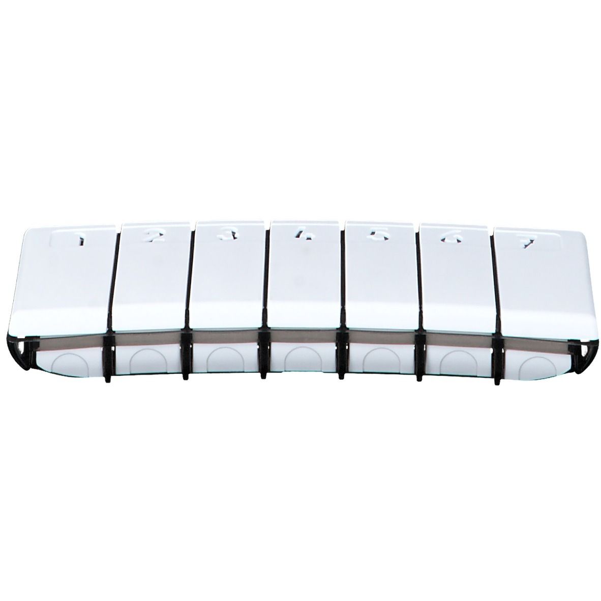 Weiße Pillendose mit 7 Fächern und schwarzem Band.