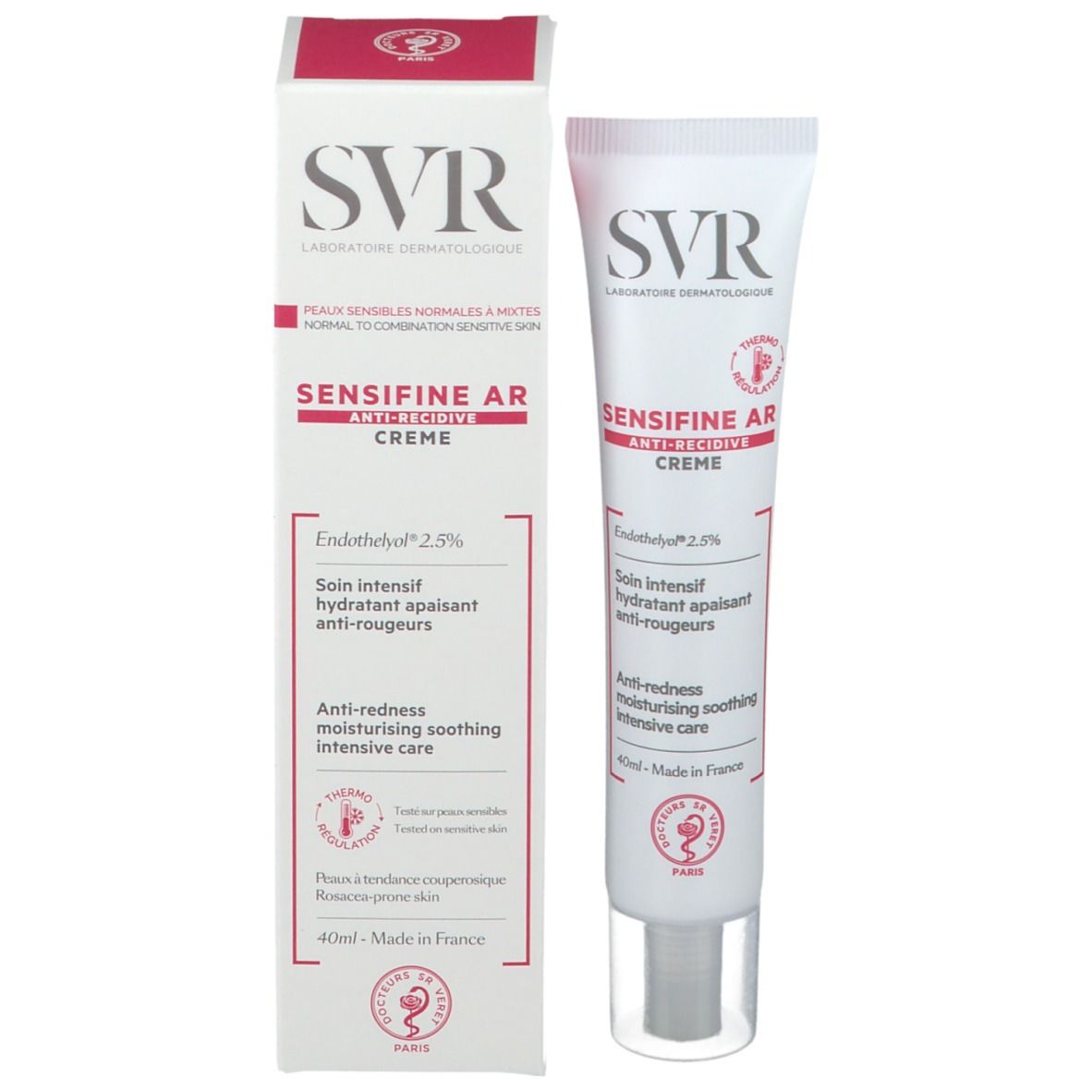 SVR SENSIFINE AR Creme und Verpackung. Weiße Tube und Schachtel. Rote Akzente. 40ml.