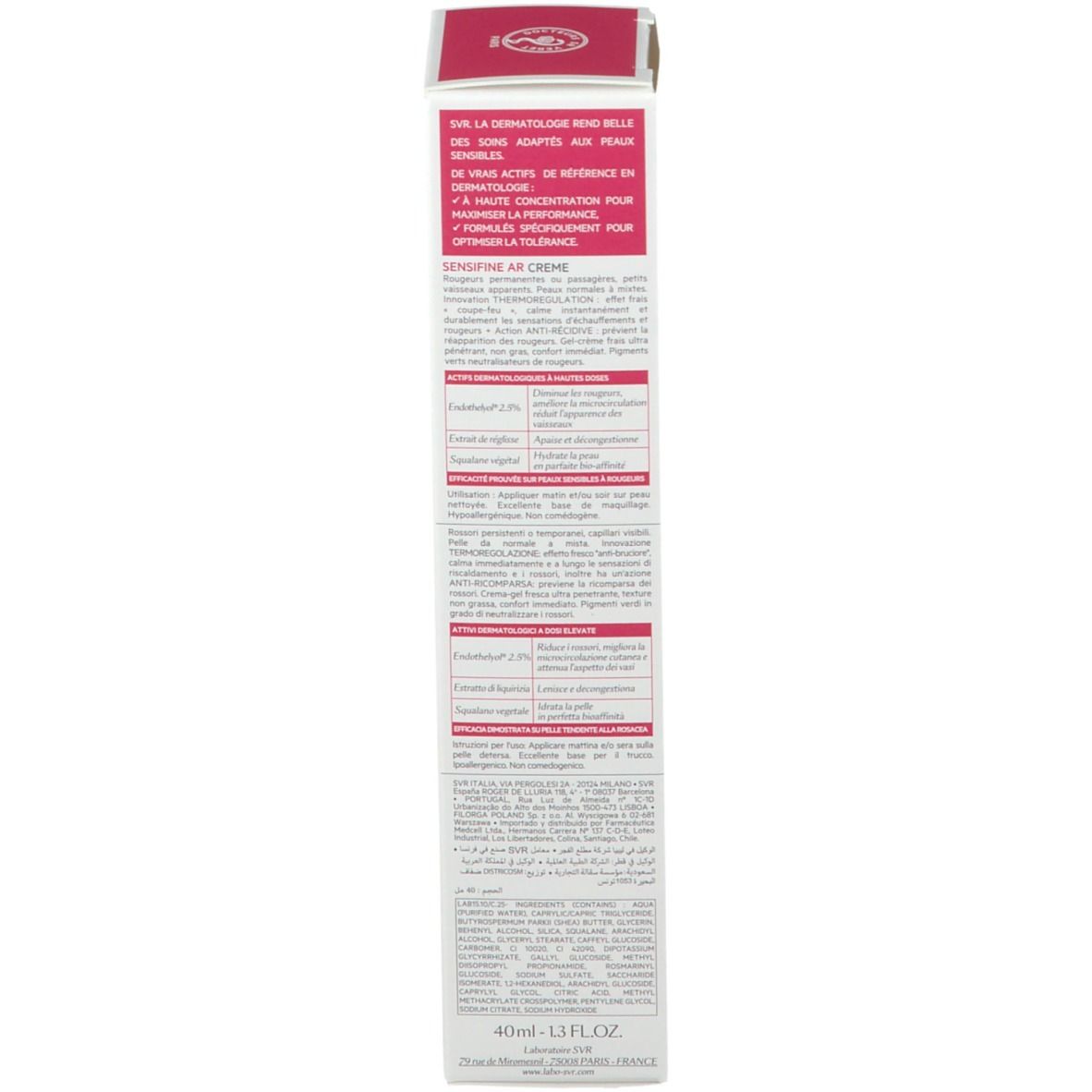 Rückseite der Verpackung SVR SENSIFINE AR Creme. Text in mehreren Sprachen. 40 ml.