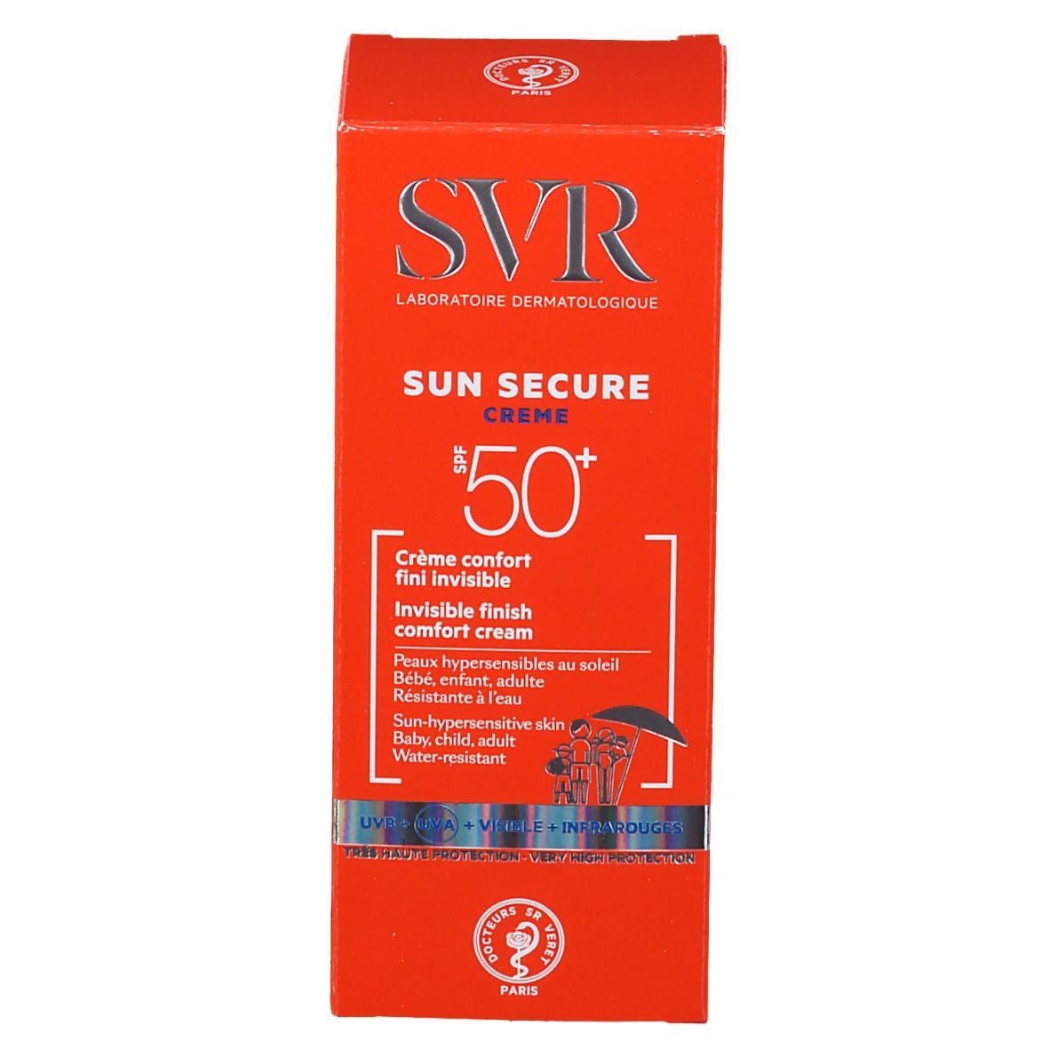 Boîte orange SVR Sun Secure Crème SPF50+. Texte: Invisible finish comfort cream. Résistant à l'eau.