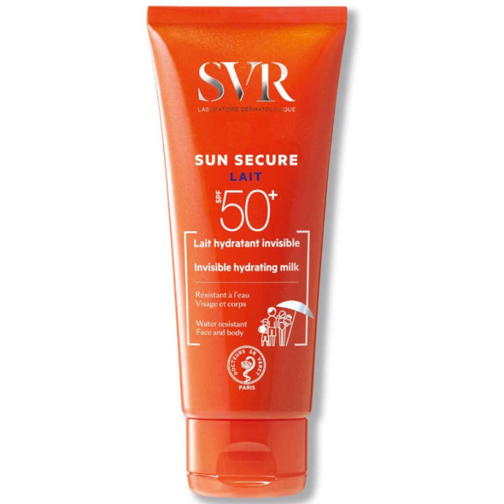 Tube orange avec logo SVR et texte: Sun Secure Lait SPF50+. Résistant à l'eau, visage et corps. Logo de certification.