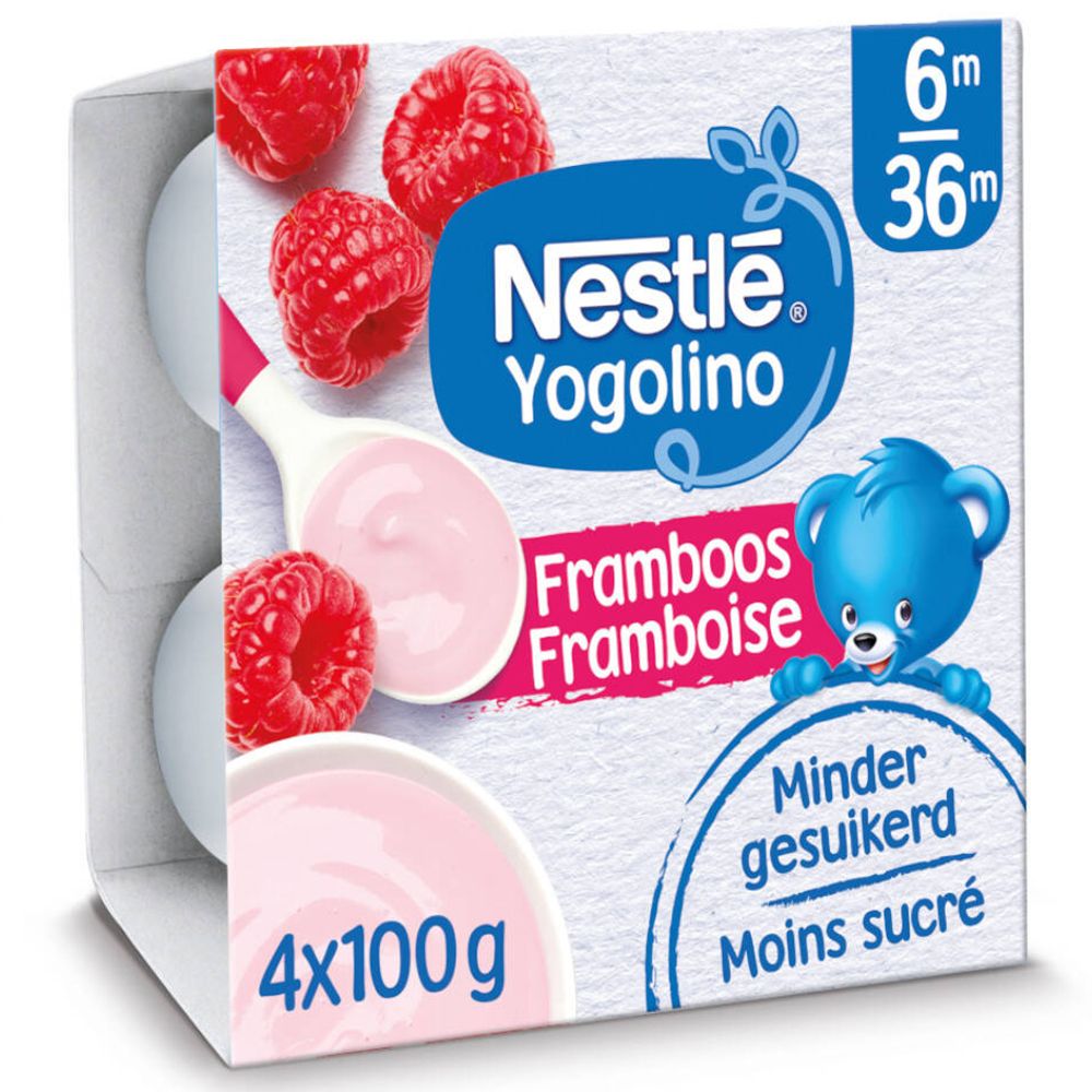 Nestlé Yogolino Framboos. 4 Becher in Verpackung. Himbeerjoghurt. Altersempfehlung 6-36 Monate. Weniger Zucker.